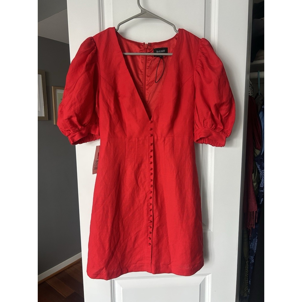 NWT BARDOT Talullah Mini Dress Fire Red Puff Sleeve Deep V Neck Buttons Sz 4 XS